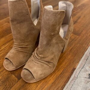 Tan Suede Peep-Toe Ankle Boots